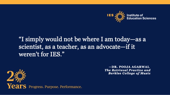 IESResearch's tweet photo. Today’s stakeholder spotlight features @PoojaAgarwal of @RetrieveLearn and @BerkleeCollege. We are honored to have this talented scientist, teacher, and advocate be a part of our important work. #IESat20 https://t.co/fY5qZowzIU