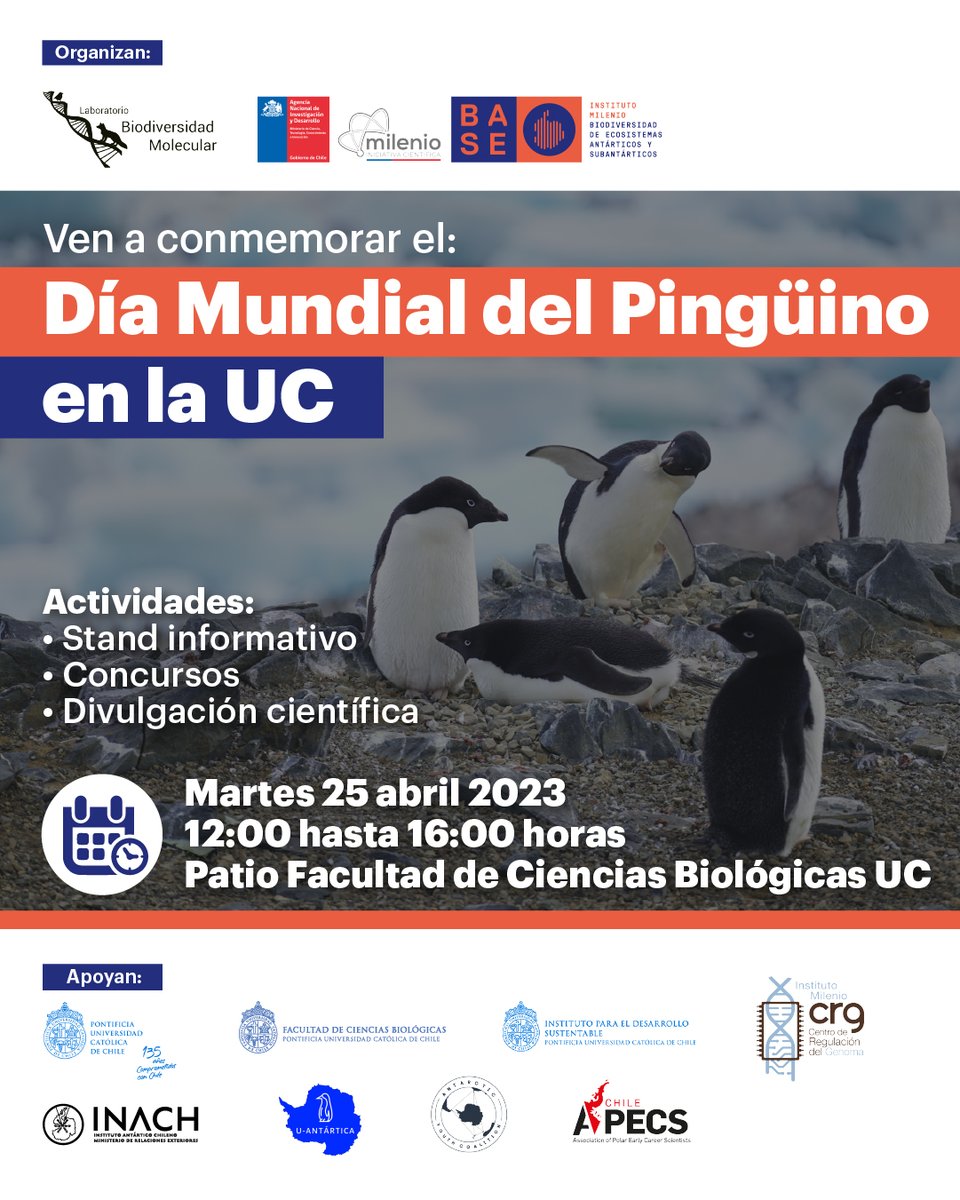 Instituto Milenio BASE (@mileniobase) on Twitter photo 🐧🐧 El próximo 25 de abril es el Día Mundial del Pingüino y como Instituto <a href="/MilenioBASE/">Instituto Milenio BASE</a> estaremos trabajando junto al <a href="/molecularbiolab/">Laboratorio Biodiversidad Molecular</a>
¡Súmate a la celebración! Y cuéntanos, ¿qué te gustaría saber sobre los pingüinos?
➡️Envíanos tu pregunta bit.ly/43eixgM 🐧🐧 El próximo 25 de abril es el Día Mundial del Pingüino y como Instituto <a href="/MilenioBASE/">Instituto Milenio BASE</a> estaremos trabajando junto al <a href="/molecularbiolab/">Laboratorio Biodiversidad Molecular</a>
¡Súmate a la celebración! Y cuéntanos, ¿qué te gustaría saber sobre los pingüinos?
➡️Envíanos tu pregunta bit.ly/43eixgM