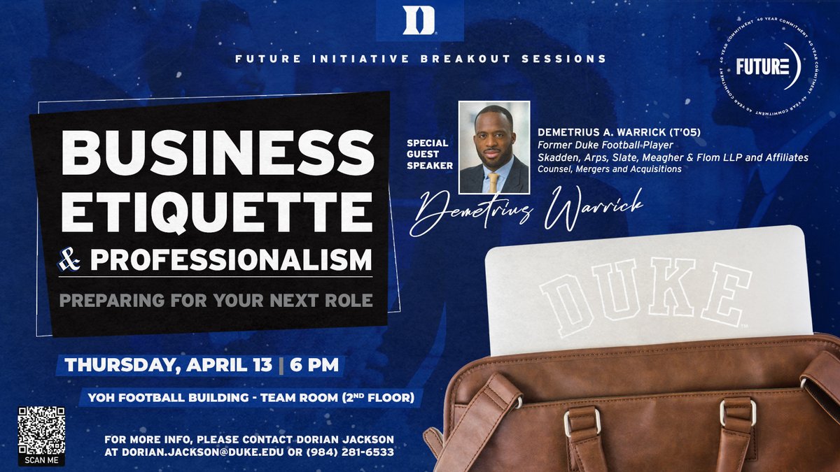 ONE WEEK AWAY!

Former <a href="/DukeFOOTBALL/">Duke Football</a> player, Demetrius Warrick, will join our #DUFFI breakout session next Thursday as guest speaker on "Business Etiquette and Professionalism."   

Open to ALL Student-Athletes. Food will be provided.    

Link:📷forms.gle/aCwMK7yjr5ttUu…