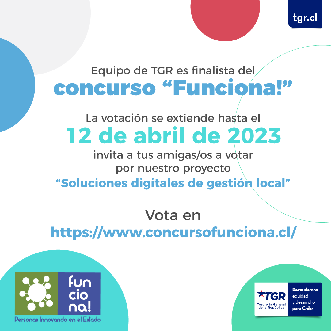 ¡TGR funciona💡!

👍 Ayúdanos con tu voto participando en concurso "Funciona 2022" de <a href="/serviciocivilcl/">Servicio Civil</a>

📲 Apoya nuestra iniciativa finalista "Soluciones digitales de gestión local”, presentada por TR Santiago Oriente 📷

👉👉Vota en bit.ly/42vCuiX

¡RT a tus amig@s!