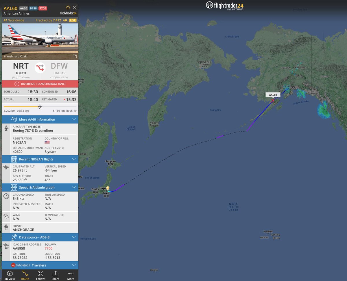 #AA60, Tokyo-Dallas, diverting to Anchorage with a medical emergency. Squawking 7700. flightradar24.com/AAL60/2fcac164

For more information on ‘Squawking 7700’ please see flightradar24.com/blog/squawking…