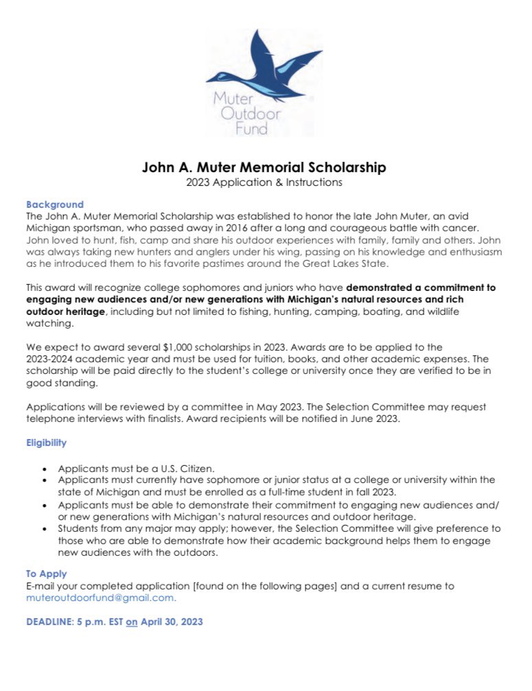 gvsusustains's tweet photo. The John A. Muter Memorial Scholarship recognizes college sophomores and juniors who have demonstrated a commitment to engaging new audiences and/or new generations with Michigan’s natural resources and rich outdoor heritage.

For more info and to apply: https://t.co/QeEry1dqr5. https://t.co/BPld2FGZOZ