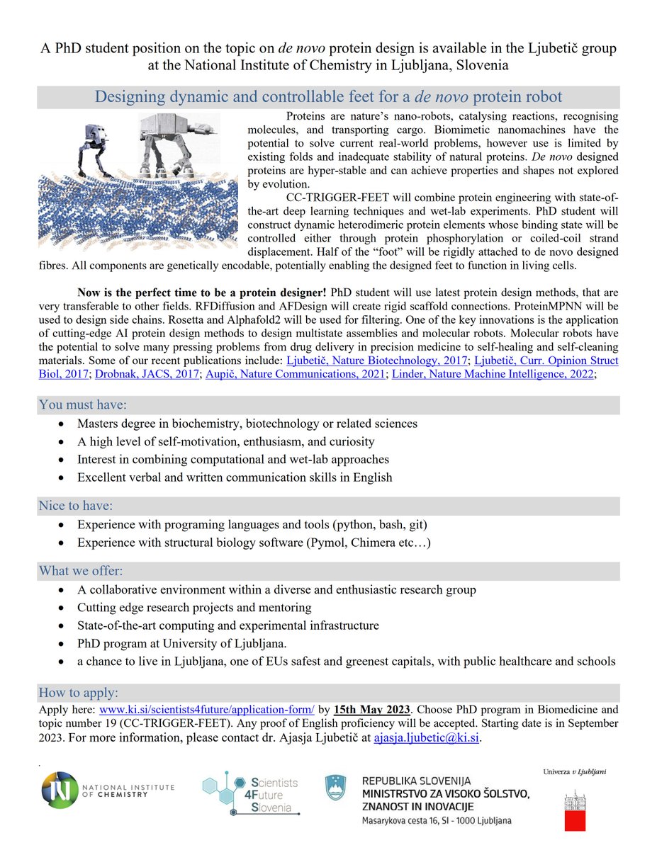 Would you like to design de novo proteins and protein machines? 💻🔬🧬 There is an open PhD position in my group! Please RT and share! Application deadline is 15th of May.