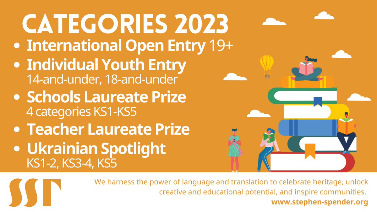 4 weeks to go until #SSTPoetryPrize2023! And the launch of our NEW Teacher Laureate Prize, a free translation competition for teachers at participating schools!
stephen-spender.org/stephen-spende…
#mfltwitterati #edutwitter <a href="/Team_English1/">Team English</a> <a href="/ALL4language/">ALL Languages</a> <a href="/scottishcilt/">SCILT</a> <a href="/network_primary/">Primary Languages Network</a>