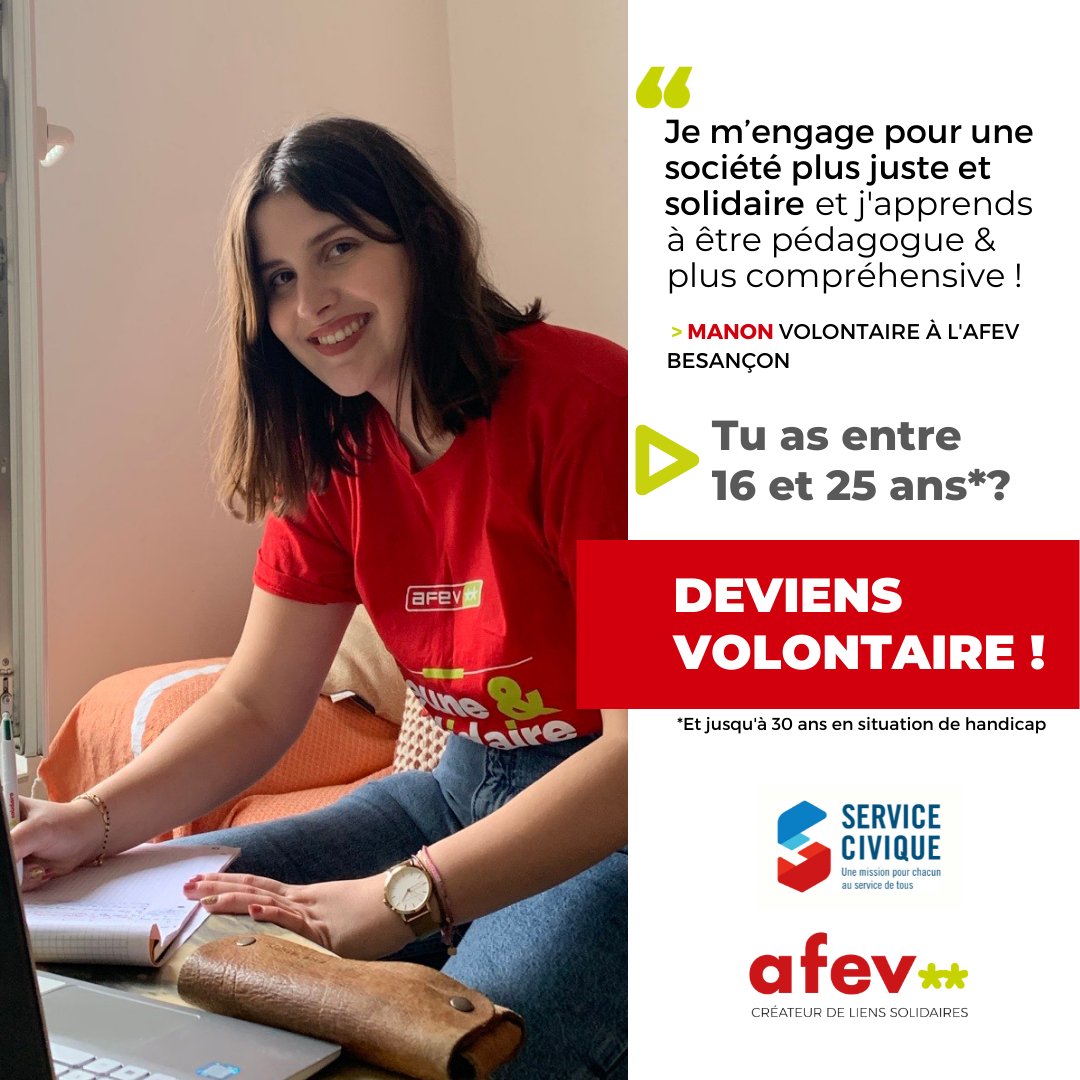 AFEV TOULOUSE (@afevtoulouse) on Twitter photo Découvres les missions de service civique de l'Afev Toulouse !
(+ de 90 places disponibles - 26h/semaine - 600€/mois - formations 🤩)
En savoir plus : afev.org/occitanie/toul…
#engagement #jeunesse #mentorat @crijtoulouse <a href="/HauteGaronne/">Haute-Garonne</a> <a href="/ServiceCivique/">Service Civique</a> Découvres les missions de service civique de l'Afev Toulouse !
(+ de 90 places disponibles - 26h/semaine - 600€/mois - formations 🤩)
En savoir plus : afev.org/occitanie/toul…
#engagement #jeunesse #mentorat @crijtoulouse <a href="/HauteGaronne/">Haute-Garonne</a> <a href="/ServiceCivique/">Service Civique</a>