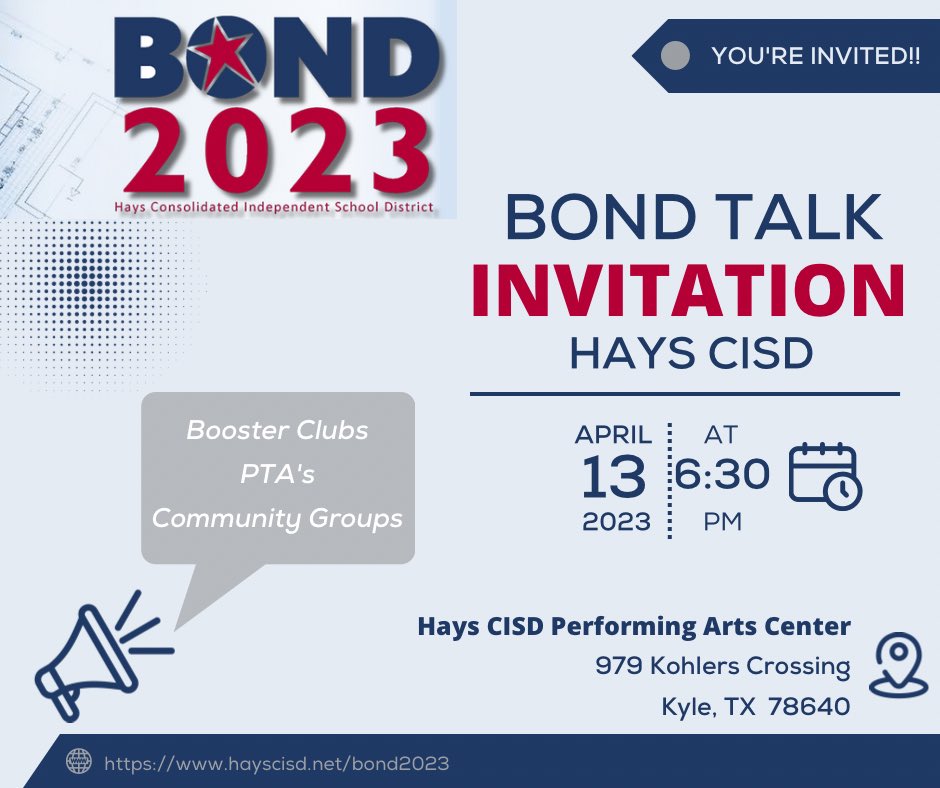 Please Join us next Thurs. 4/13 @ 6:30pm @ the @hayscisd PAC for this PTA, Boosters Clubs, &amp; Community Groups “Bond Talk” -<a href="/drwrighthays/">Dr. Eric Wright</a> <a href="/PattyMorenoFA1/">Patricia Moreno</a> <a href="/LesGoad/">Les Goad</a> <a href="/stevehoffman74/">Steve Hoffman</a> <a href="/CoachCCastillo/">Chris Castillo</a> <a href="/JagsClub/">JAGS Athletic Booster Club</a> <a href="/GOHAYSHAWKS/">Jack C Hays High School Athletics</a> <a href="/HaysFineArts/">Hays CISD Fine Arts</a> <a href="/HaysCISD/">Hays CISD</a> <a href="/LHSLoboClub/">Lehman Lobo Booster Club</a>