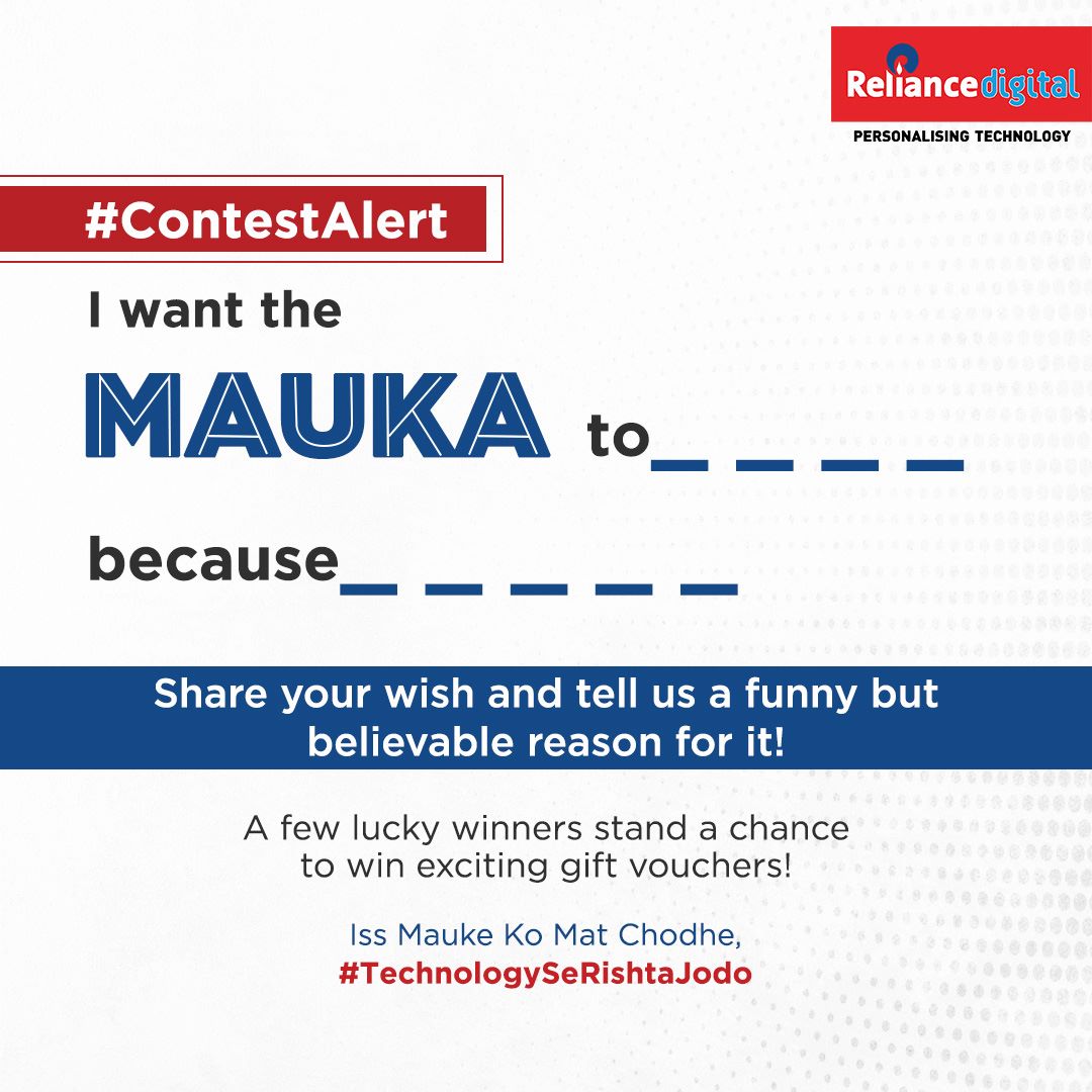 #ContestAlert! Share your wish, come up with a funny but compelling reason to convince us and stand a chance to win Reliance Digital gift vouchers. Iss mauke ko mat chodho & #TechnologySeRishtaJodo at the Digital Discount Days. *T&C Link bit.ly/3nSfRW7