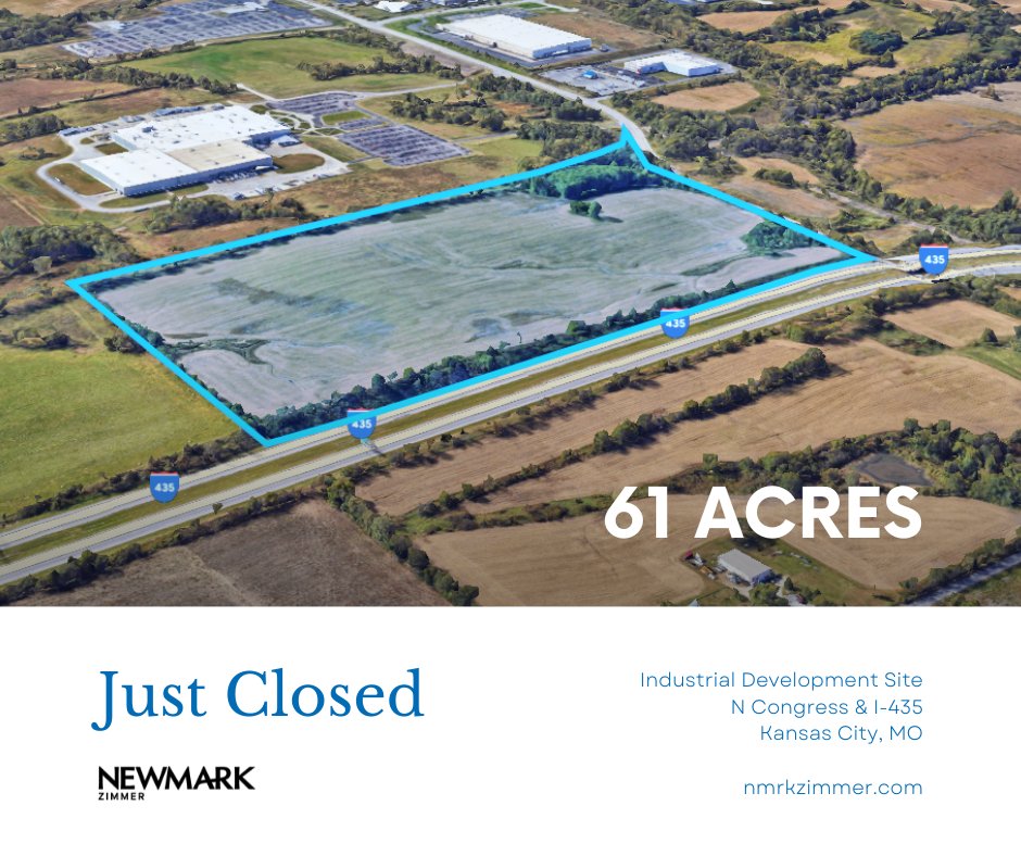 nz_industrial's tweet photo. Newmark Zimmer’s Hugh Riley, Mark Long and John Hassler are pleased to announce the completed sale of a 61 acre industrial development site in Kansas City’s Northland submarket. The site is well located near amenities with excellent access to I435, I29 and the new KCI Airport. https://t.co/EOFk8AHGlo