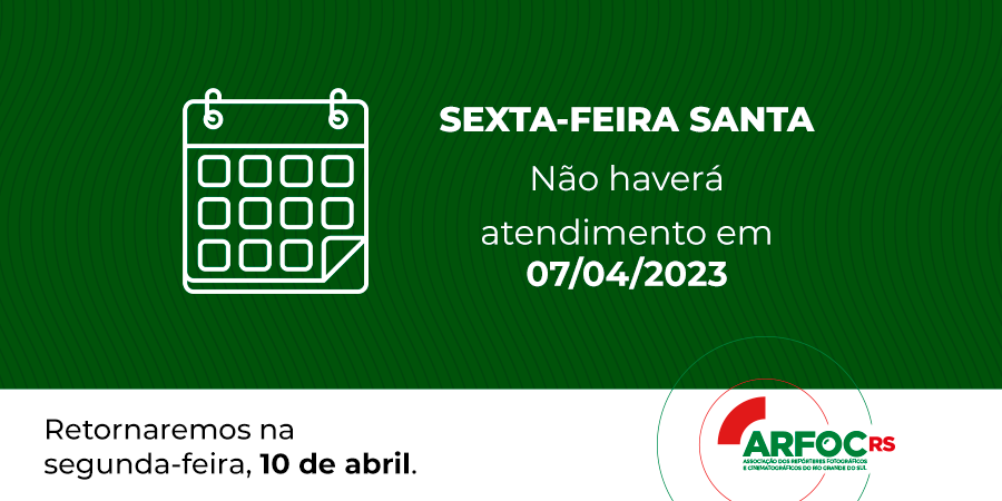 A equipe ARFOC-RS estará de recesso nesta sexta-feira santa, 7 de abril. Retornaremos às atividades normais na segunda-feira, 10 de abril. Bom feriado a todos. #ArfocRS #SextafeiraSanta
