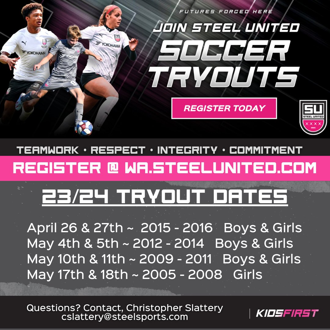 23/24 TRYOUT REGISTRATION IS OPEN 
REGISTER: steelunitedwa.leagueapps.com/events/3674706…