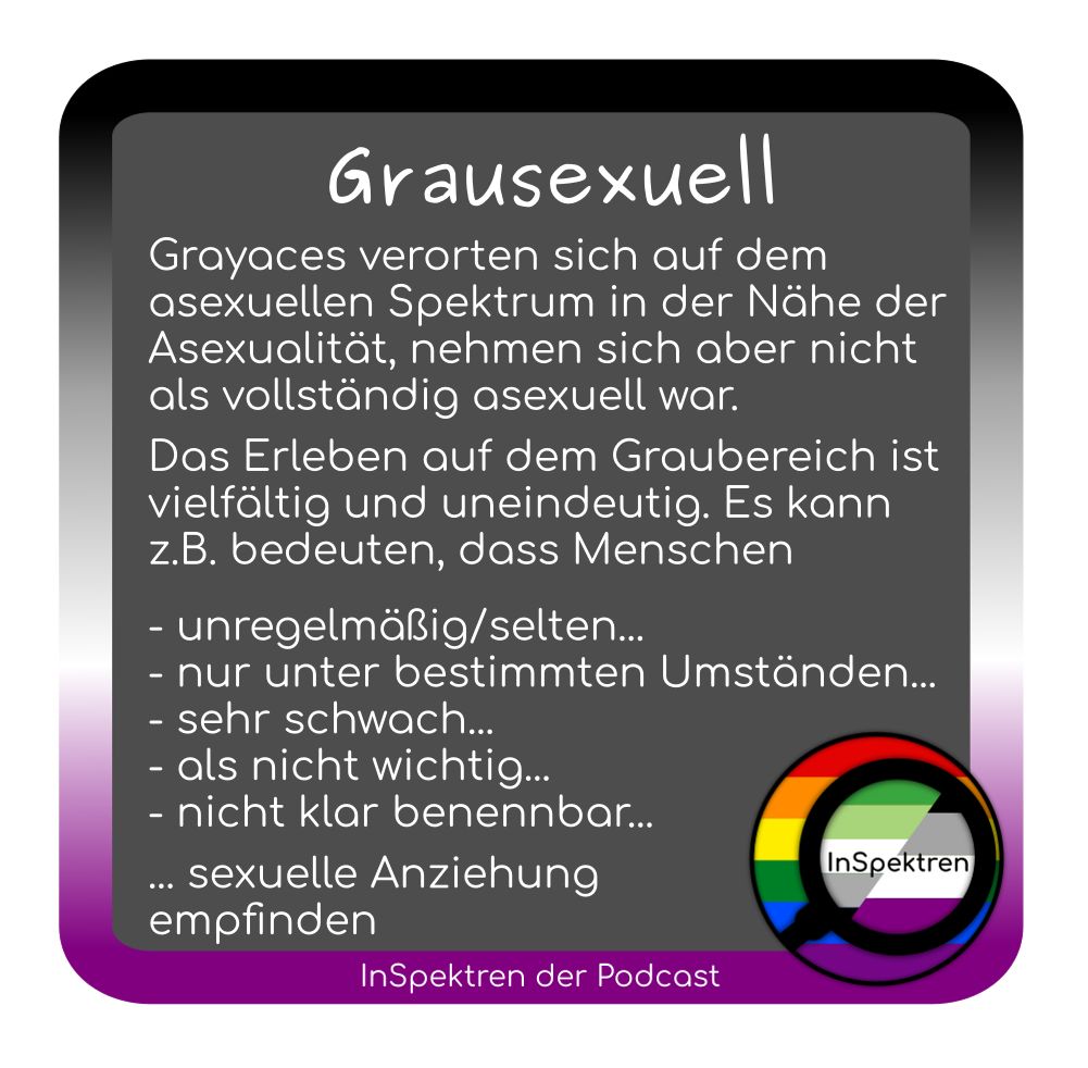 Grayaces verorten sich auf dem asexuellen Spektrum in der Nähe der Asexualität, nehmen sich aber nicht vollständig als asexuell wahr. Das Erleben auf dem Graubereich ist vielfältig und uneindeutig. 

#asexualität #grauasexualität #grayace #IAD #IAD2023 #ace #grausexuell #asexuell