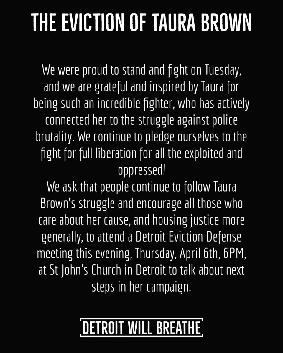 DETWILLBREATHE's tweet photo. Our statement on The Eviction of Taura Brown. https://t.co/GWdn9gcbjN