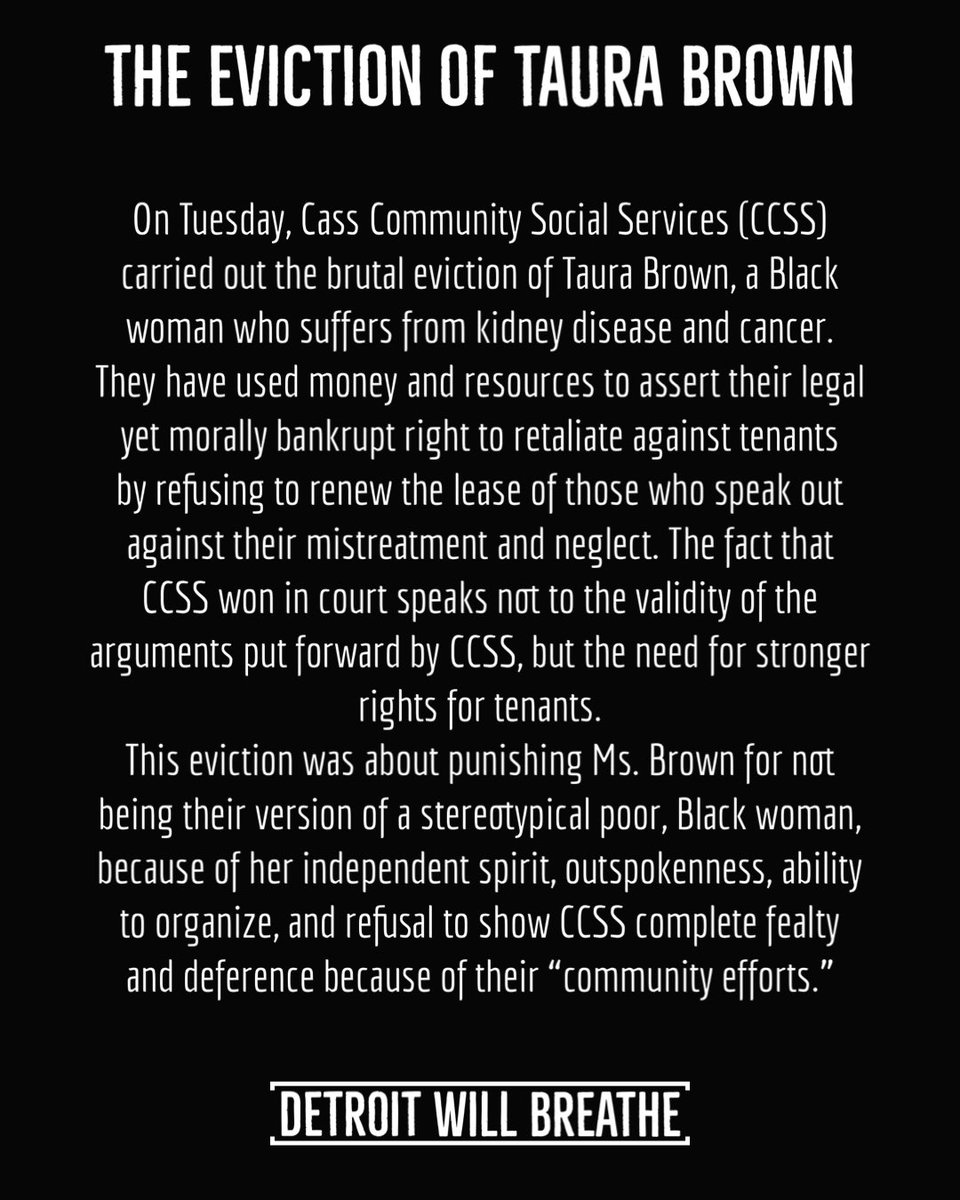 DETWILLBREATHE's tweet photo. Our statement on The Eviction of Taura Brown. https://t.co/GWdn9gcbjN