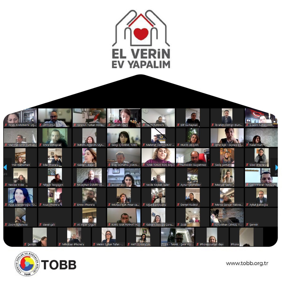 TOBB Kadın Girişimciler Kurulu ve TOBB Genç Girişimciler Kurulu üyelerimizle video konferans yöntemiyle bir araya geldik.

"Konut Seferberliği" kampanyamız el birliği ile büyüyecek.

Gün bugün.

#ElverinEvyapalım 

Depremzede vatandaşlarımızı yeni yuvalarına kavuşturalım.
