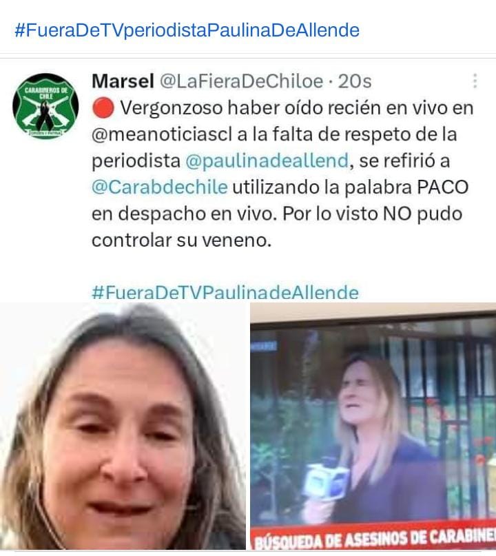 Marsel_ICI's tweet photo. 🔴🔊 @paulinadeallend FUERA DE TV PERIODISTA FALTA DE RESPETO‼️ @meganoticiascl COMO HIJA DE CARABINERO Y TELEVIDENTE LES EXIJO DESVINCULAR A ESA NEFASTA‼️ O #NoVerMásMegavisión https://t.co/OzjR3n6S4q