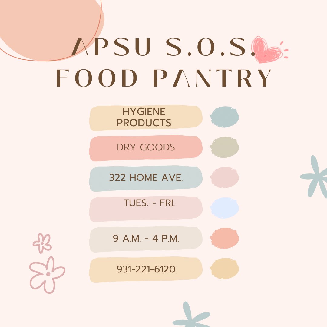 APSU’s Save Our Students Food Pantry needs donations of hygiene products and dry goods. Drop off items at 322 Home Ave. 9-4 on Tuesday-Friday or call 931-221-6120.