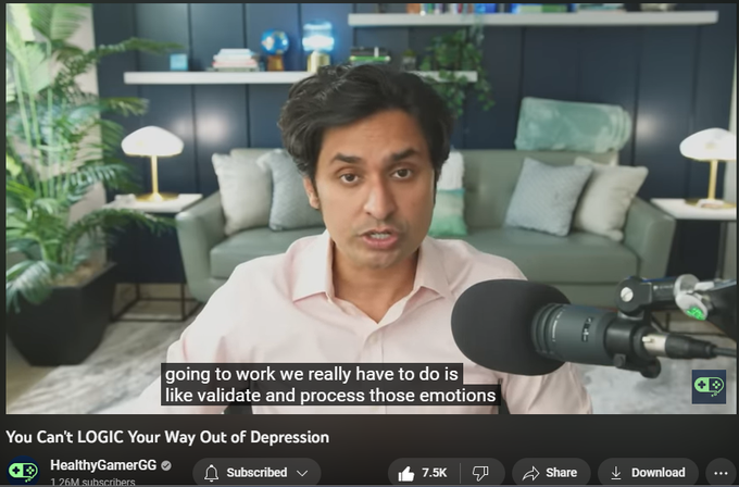 112,822 views  4 Apr 2023
Our Healthy Gamer Coaches have transformed over 10,000 lives. Be the next success story: https://bit.ly/3MiFXfb

In this video Dr. K explores why logic is not effective in treating depression and suggests that the flawed assumptions and emotional processing are the underlying issues that need to be addressed instead. Many individuals with depression, including those with subclinical depression, may try to analyze their situation logically to pull themselves out of it, but they often find themselves unable to do so. Moreover, some people with depression may be highly logical and reach the conclusion that there is no reason to live. Dr. K explains that this is because the amygdala becomes hyper-reactive in people with depression, causing them to become hypersensitive to negativity and amplify negative information.

To address depression, Dr. K recommends developing emotional awareness through therapy, meditation, and journaling. These practices can help individu