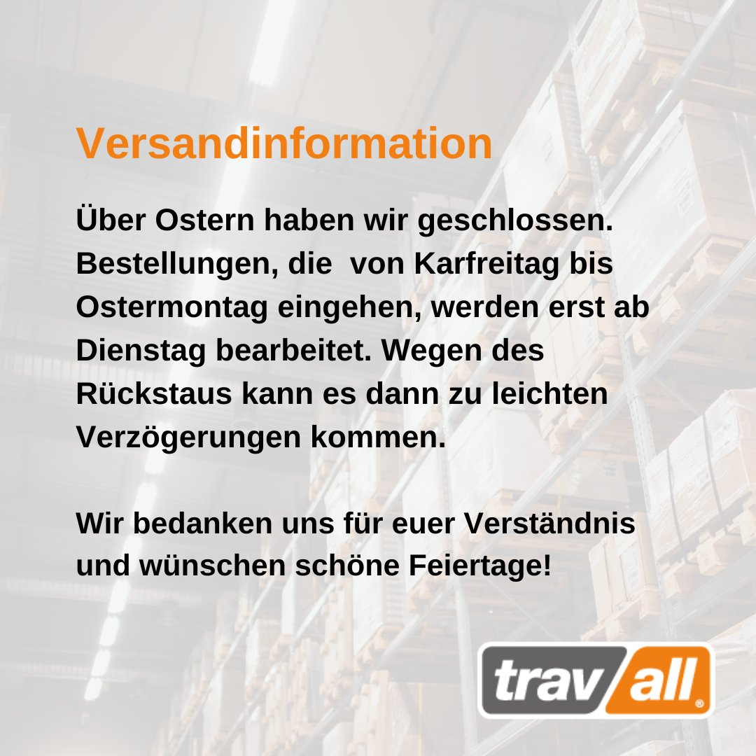 Travall_DE's tweet photo. Über #Ostern haben wir geschlossen. Kundenservice und Versandteam sind ab Dienstag wieder für euch da. Wir wüschen ein schönes #Osterwochenende! 🐣🥚🎉
https://t.co/3bfdc7iMzQ
.
#kundeninformation #ostern2023 #feiertagsmodus #feiertagegenießen #schöneswochenende #enjoythejourney https://t.co/2cjUzfKOdo