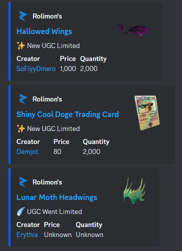 Roblox Trading News  Rolimon's on X: We've added a UGC Limited Notifier  bot to our Discord server! It notifies shortly after UGC limiteds are  released, and also pings a special role