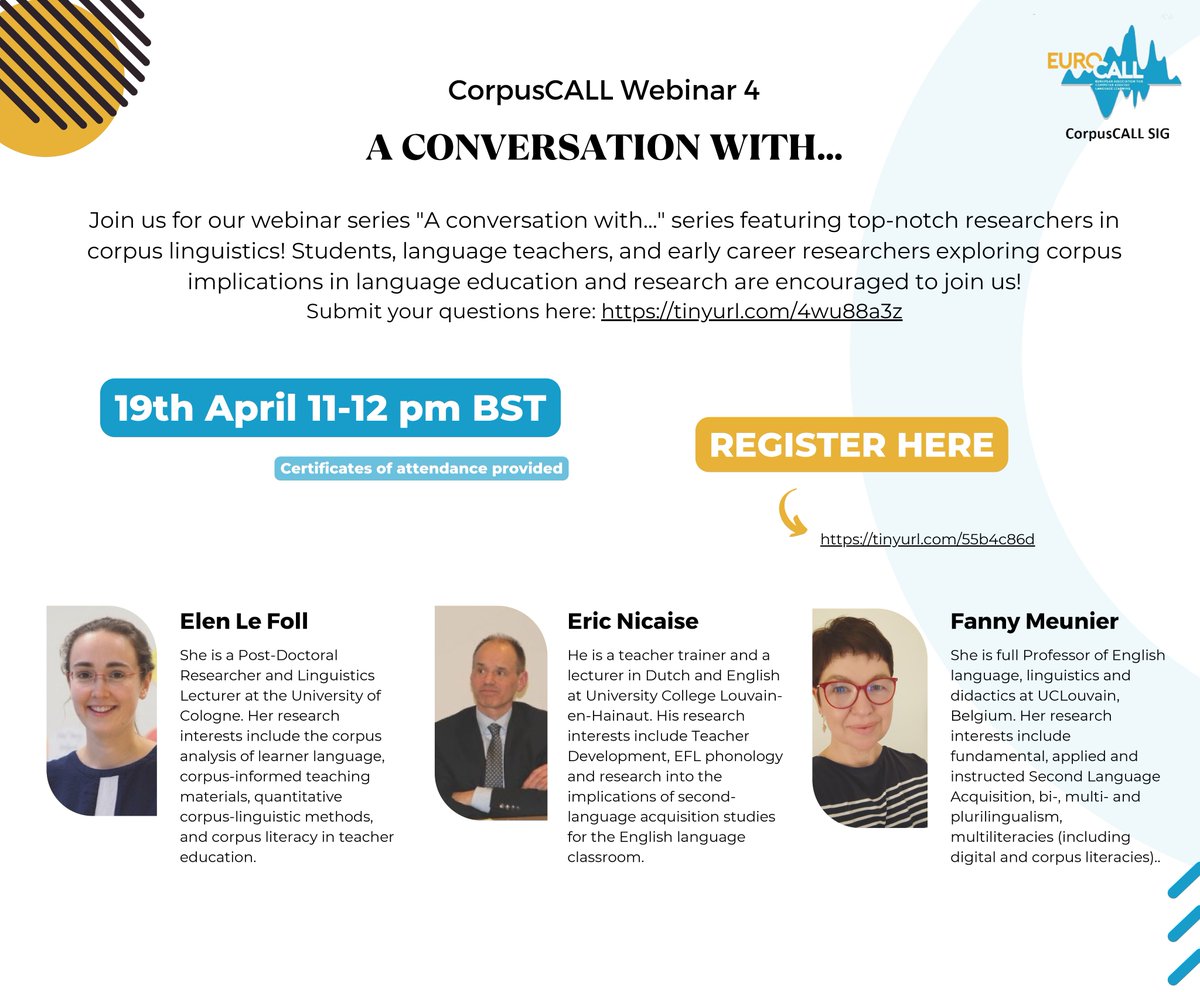 Join us for our fourth webinar of the series "A conversation with..." featuring this time Elen Le Foll, Eric Nicaise, and Fanny Meunier! 19th April 11-12 pm BST. Submit your questions here: tinyurl.com/4wu88a3z Register here for this free event: tinyurl.com/55b4c86d