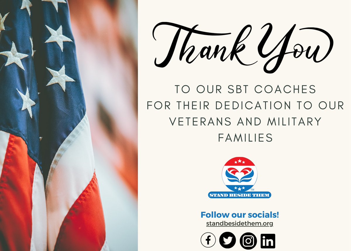Stand Beside Them wants to extend a heartfelt thank you and appreciation to our coaches who are both dedicated and passionate in serving veterans, military spouses and their caregivers.

Tag a SBT coach in the comments! @standbesidethem.org

#standbesidethem #supportourveterans