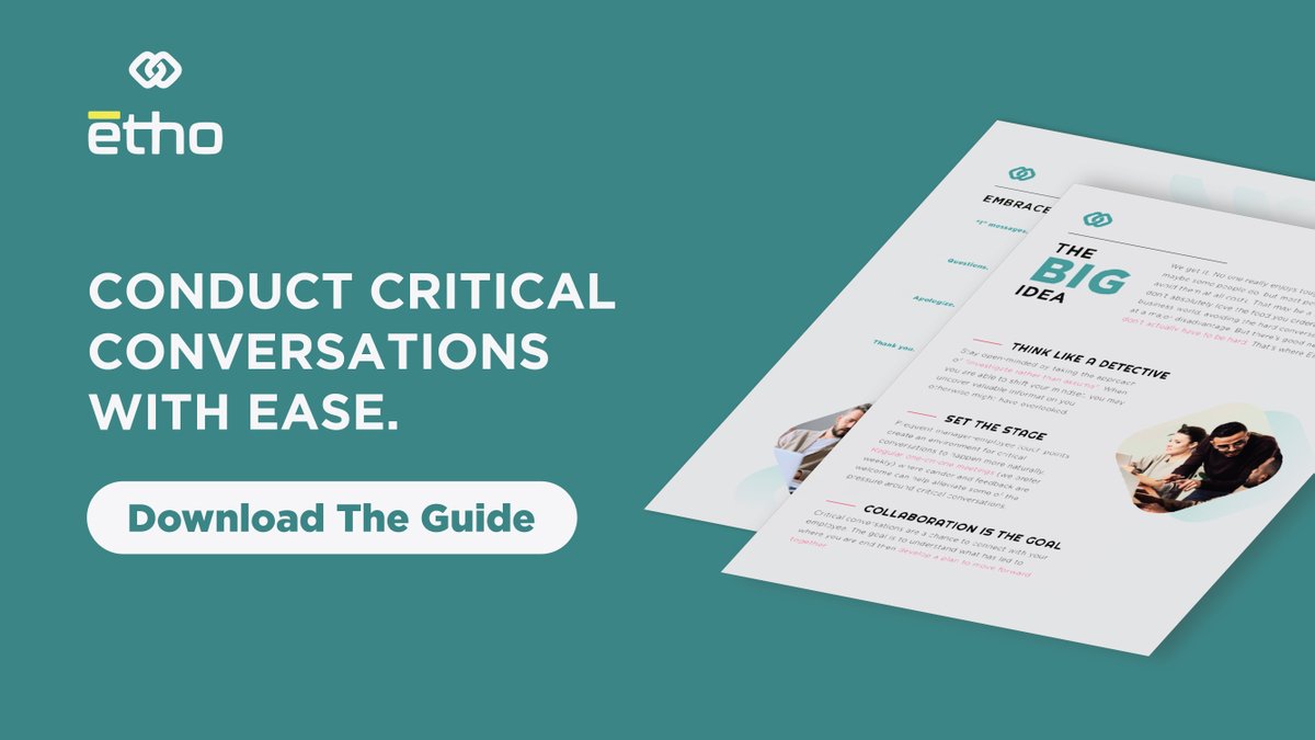 ethoconnects's tweet photo. 80 percent of employees procrastinate on necessary yet difficult discussions. Critical conversations are an inevitable part of leadership. Follow the steps in our guide to ensure both parties walk away feeling a sense of connection and clarity.
https://t.co/dsUi2ZLrkW
#etho https://t.co/ZbO6wIw4OJ