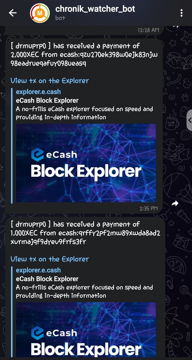 niiSacke_y's tweet photo. An essential tool every #eCasher must have.
Thanks to whoever developed it๐
@chronik_watch_dev_bot
This bot alerts you on every $XEC deposit in your wallet.
#XEC $XEC #eCashWave #BTC https://t.co/Zue7NxAyVe