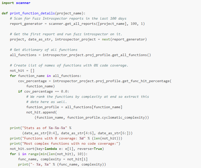 We created a bridge to Fuzz Introspector data generated by OSS-Fuzz that you can use programmatically -- e.g. in a few lines of code find the most complex uncovered functions in a given project: fuzz-introspector.readthedocs.io/en/latest/oss-…