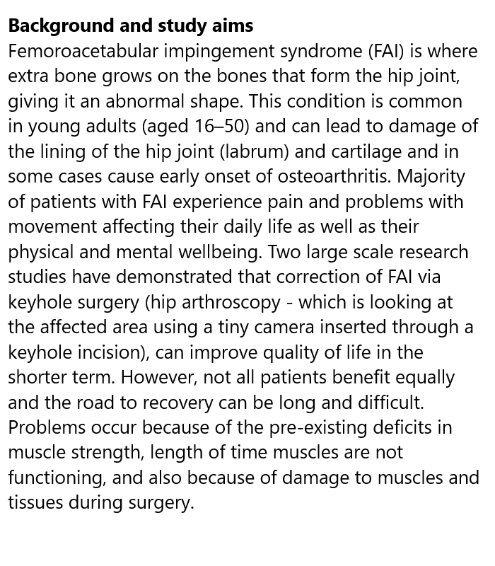 Testing a prehabilitation programme to prepare patients for surgery to treat Femoroacetabular Impingement Syndrome

Read about the new study registered at #ISRCTN

<a href="/PrehabFAI/">prehabFAI</a> @cambridgehipdoc <a href="/Anuj_physio/">Anuj Punnoose</a> <a href="/abrushton/">Alison Rushton</a> 

isrctn.com/ISRCTN15371248