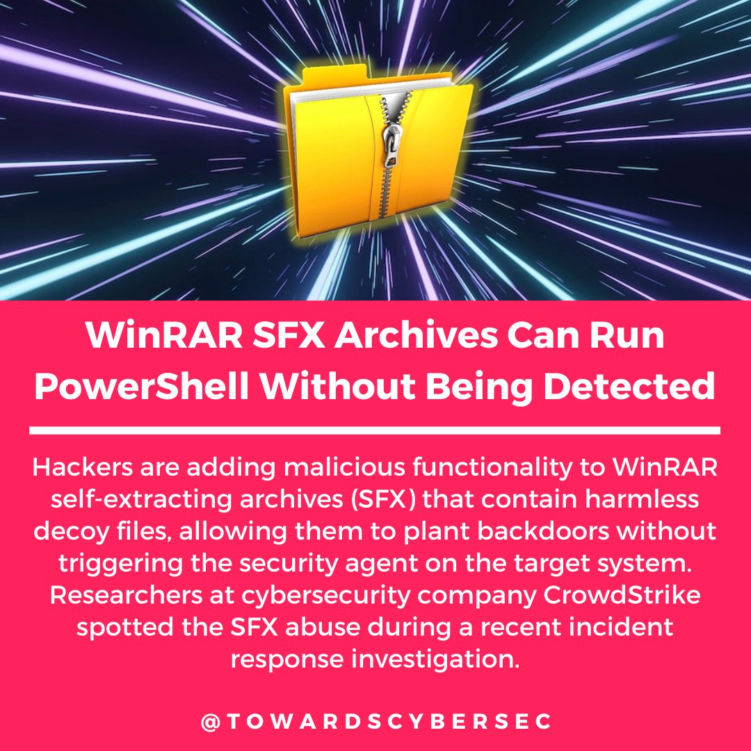 TowardsCybersec's tweet photo. Hackers are adding malicious functionality to WinRAR self-extracting archives (SFX) that contain harmless decoy files, allowing them to plant backdoors without triggering the security agent on the target system.
#cybersecurity #Security #infosec #winrar #abuse #poweshell #sfx https://t.co/SlATJfiErp
