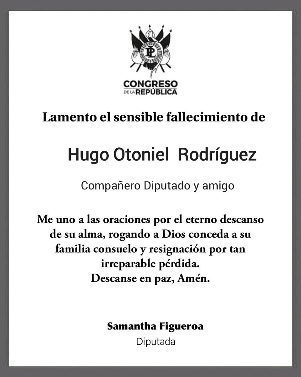 Lamento el sensible fallecimiento del diputado Hugo Rodríguez, compañero y amigo.

Me uno a las oraciones por el eterno descanso de su alma,  rogando a Dios conceda a su familia consuelo y resignación por tan irreparable pérdida.
Descanse en paz, Amén