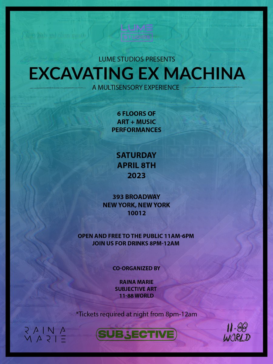 SUBJECTIVE (@subjectivenyc) on Twitter photo We are excited to be partnering with <a href="/La_Raina_Marie/">Raina Marie</a> and <a href="/1188World/">1188WORLD</a> for an incredible 6 floor exhibition this Saturday at <a href="/lume_studios/">Lume Studios</a>! RSVP below and check out this incredible lineup of artists💫
subjective.art/upcoming-event… We are excited to be partnering with <a href="/La_Raina_Marie/">Raina Marie</a> and <a href="/1188World/">1188WORLD</a> for an incredible 6 floor exhibition this Saturday at <a href="/lume_studios/">Lume Studios</a>! RSVP below and check out this incredible lineup of artists💫
subjective.art/upcoming-event…