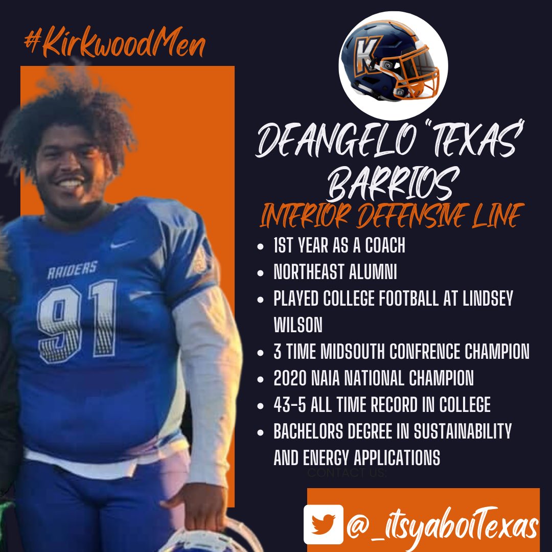 Kirkwood Football (@kcobrasfootball) on Twitter photo 🚨Coaching Hire Announcement🚨
Meet our Interior Defensive Line Coach <a href="/_itsyaboiTexas/">DeAngelo Barrios</a>
Coach Texas knows whats it’s like to be a National Champion at the Collegiate level! Big addition to our Staff!
#KirkwoodMen #StandTall #OrangeSlime🐍 🚨Coaching Hire Announcement🚨
Meet our Interior Defensive Line Coach <a href="/_itsyaboiTexas/">DeAngelo Barrios</a>
Coach Texas knows whats it’s like to be a National Champion at the Collegiate level! Big addition to our Staff!
#KirkwoodMen #StandTall #OrangeSlime🐍