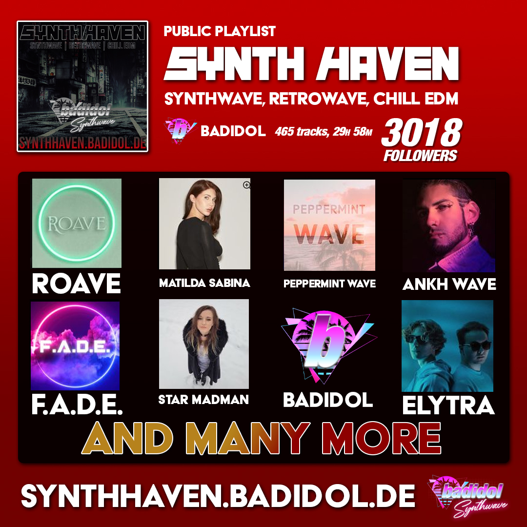 badidol's tweet photo. 3018 subscribers, 465 tracks, 29 hours and 58 minutes of play time.
All your #synthwave, #retrowave and #chilledm needs in one playlist.
Listen @ https://t.co/buHTrgiAEL
Submit @ https://t.co/JGPeUflQX8 or on https://t.co/YrWvqF7GPm https://t.co/y6NfxWuc2D
