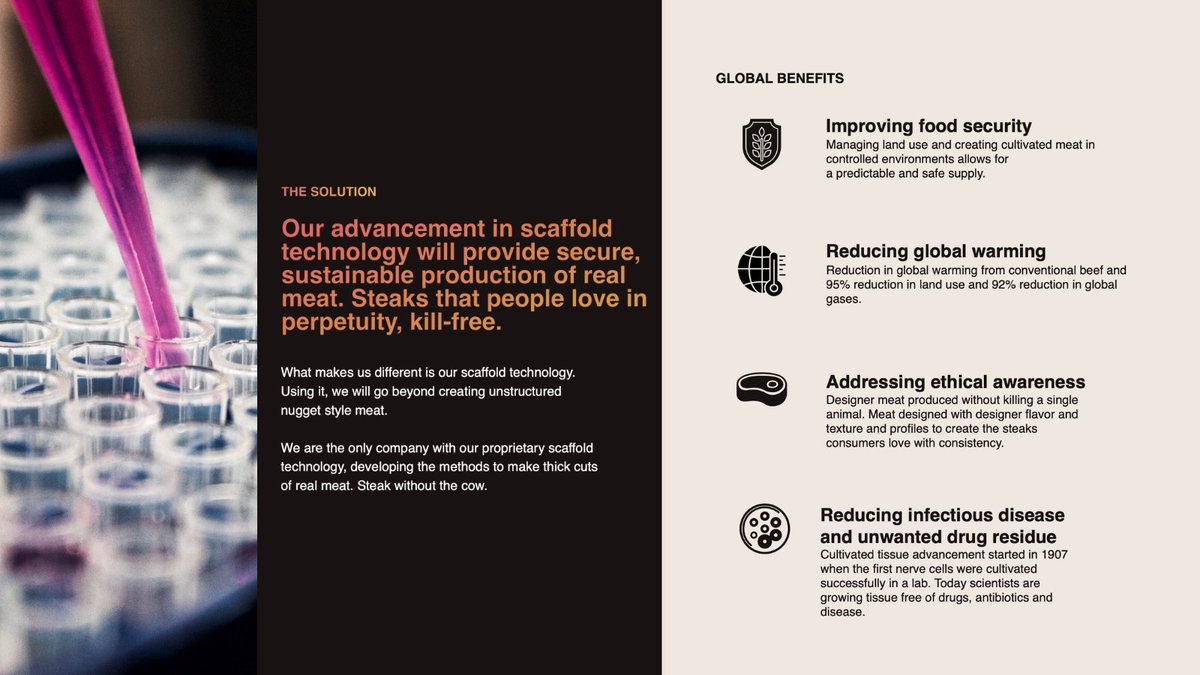 We're paving the way to transforming the food industry with our proprietary scaffold technology, enabling sustainable, real meat production without livestock.  

Our innovation tackles global challenges:  
🥩Enhancing food security 
🌳Mitigating global warming impact 
🌿Fostering