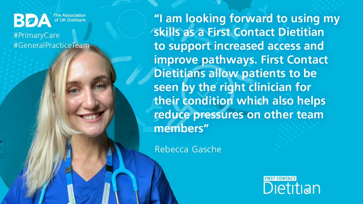 BDA_Dietitians's tweet photo. First Contact Dietitians can assess & manage undifferentiated and undiagnosed conditions. They allow patients to be seen by the right clinician at the right time. Learn more about becoming a First Contact Dietitian and our new Primary Care resources 👉 https://t.co/xo9HbefIS8 https://t.co/TLCRDjRlIn