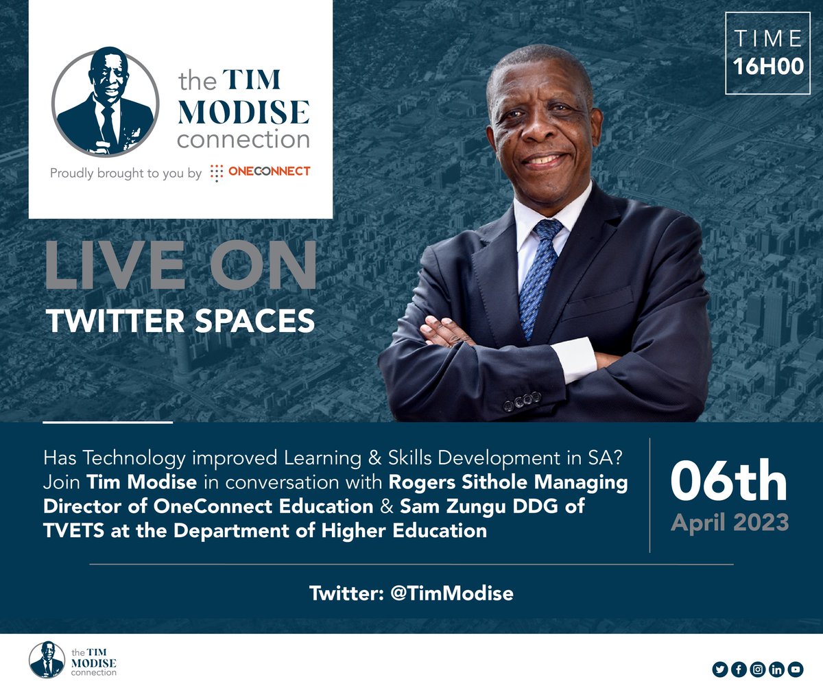 thetmconnection's tweet image. In case you missed it, catch the Twitter Spaces conversation Tim Modise  had with Rogers Sithole, MD @OneConnectZA Education, and Sam Zungu, DDG of TVETs at the Department of Higher Education.

Click link to listen: