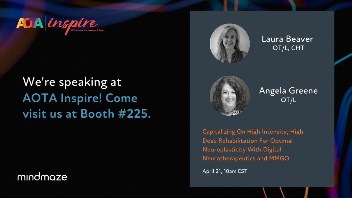 MindMazeTx's tweet image. We're so excited to be in the company of 7000+ #OT professionals at the AOTA Inspire in Kansas City. Therapy Integration Managers Laura Beaver and Angela Greene will be sharing their expertise at a panel on April 21, and we hope to see you there. bit.ly/3Ul7I8Q