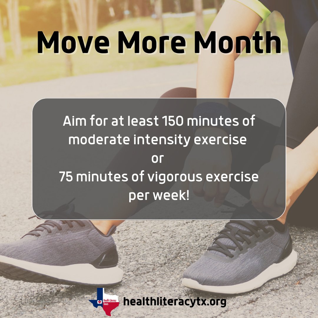 HealthLitTX's tweet photo. April is Move More Month! According to the American Heart Association, regular exercise helps with  stress, mood, energy, and sleep and can lower risk of chronic diseases! 

#MoveMoreMonth #health #publichealth #healthcare #healthliteracy #community #equity #education #nonprofit https://t.co/QO3ElH5YOB