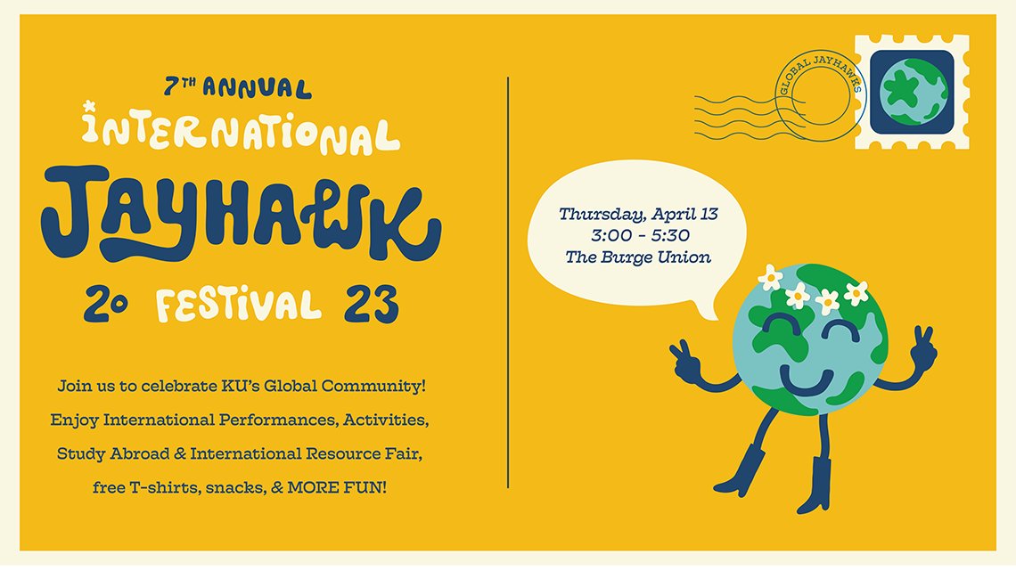 Join us on April 13 for the International Jayhawk Festival, where we'll celebrate KU's global community. Come for a free t-shirt, food, performances, activities and info on international opportunities.
international.ku.edu/international-…