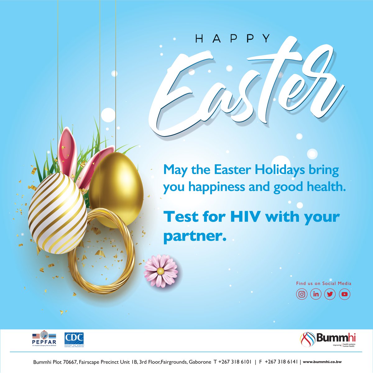 Happy Easter! 🐰🌷🐣 Let's prioritize our health and well-being this holiday. Bummhi is committed to providing TB/HIV, cervical cancer, and PrEP services to our community. Have a wonderful holiday filled with joy, hope, and good health! 🌸🌺🌼

#Easter #Health #bummhi #moh #CDC