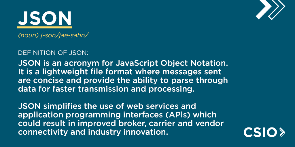 CSIO's tweet photo. We're spotlighting the third programming language CSIO uses to create its Data Standards, JavaScript Object Notation (JSON), this week on #StandardsShopTalk
Learn more about JSON: https://t.co/gMjiMbixNt https://t.co/V5jYamsAOh