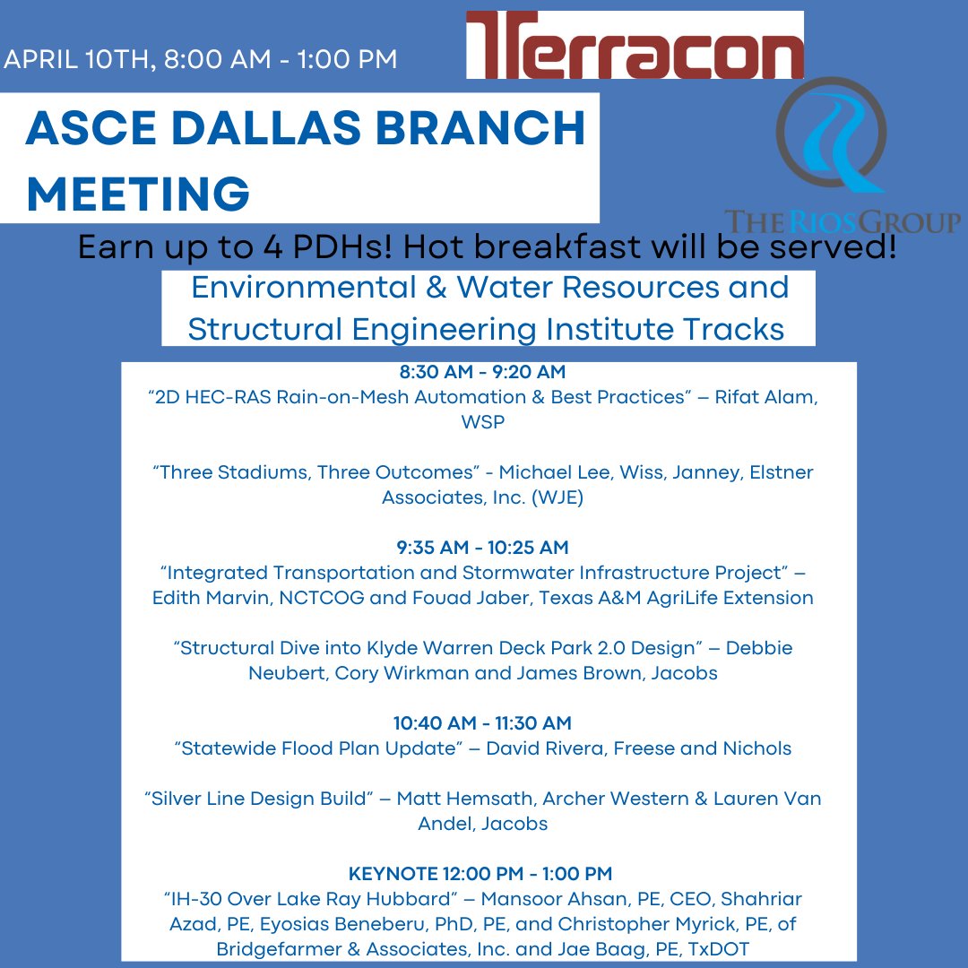 Our ASCE Dallas April meeting, sponsored by The Rios Group, Inc. and Terracon., will have a huge slate of morning technical sessions with a fantastic lineup of presentations, along with a hot breakfast, in addition to our keynote lunch presentation! dallasasce.org