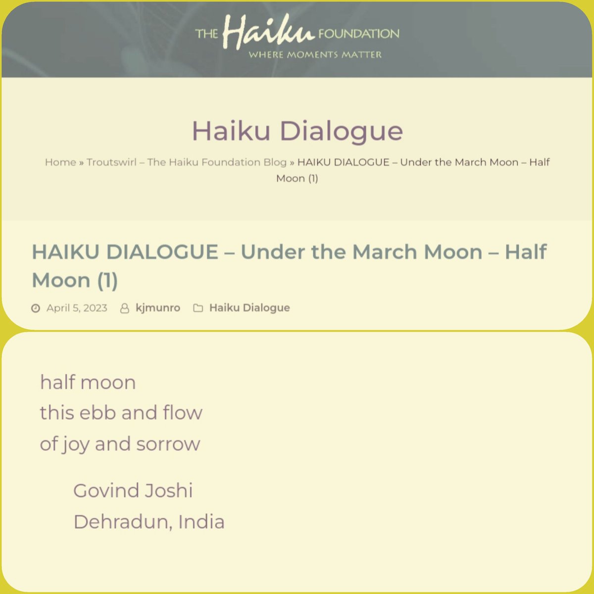 Gjoshi64's tweet photo. Many thanks to Carole MacRury for including my haiku in Haiku Dialogue - Under the March Moon - Half Moon of The Haiku Foundation (@haikufound).
  https://t.co/YR44yNZmtc

#Haiku #Senryu #ThePlumBlossoms https://t.co/EV4uoIIaJq