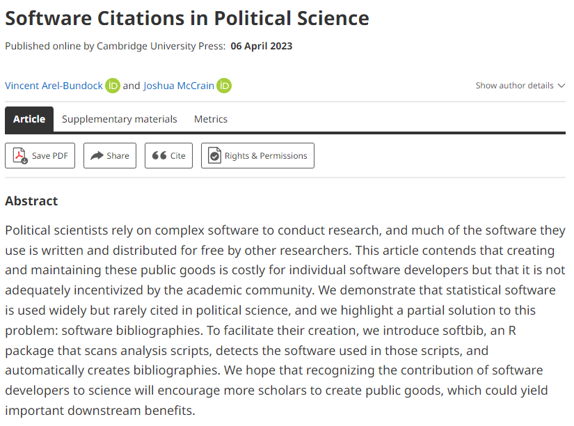 Josh McCrain (@joshmccrain) on Twitter photo Now online!
Software Citations in Political Science
<a href="/VincentAB/">Vincent Arel-Bundock</a> and I document the under citation of software in political science, suggesting it disincentivizes the creation and maintenance of public goods.
cambridge.org/core/journals/… Now online!
Software Citations in Political Science
<a href="/VincentAB/">Vincent Arel-Bundock</a> and I document the under citation of software in political science, suggesting it disincentivizes the creation and maintenance of public goods.
cambridge.org/core/journals/…