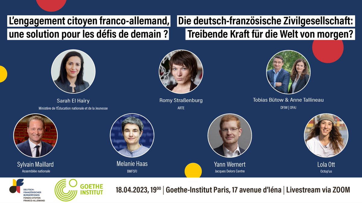 L'engagement citoyen 🇫🇷🇩🇪, une solution pour les défis de demain ?

Rejoignez-nous à Paris le 18 avril, sur place ou en ligne, pour une discussion qui s'annonce des plus intéressantes !

Pour ne rien gâcher, elle sera suivie d'une soirée festive :
fondscitoyen.eu/nouveautes/act…