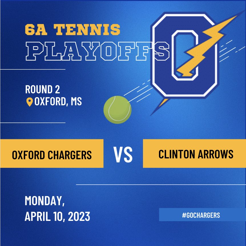 It’s Playoff season!! 

Having a BYE for Round 1 of playoffs, we will begin our playoffs this coming Monday, 4/10 vs Clinton High at home! 

Charger tennis will participate in Individuals Division 1-6A Tournament Tuesday, 4/11 in Tupelo! 

#letsgochargers 🎾⚡️