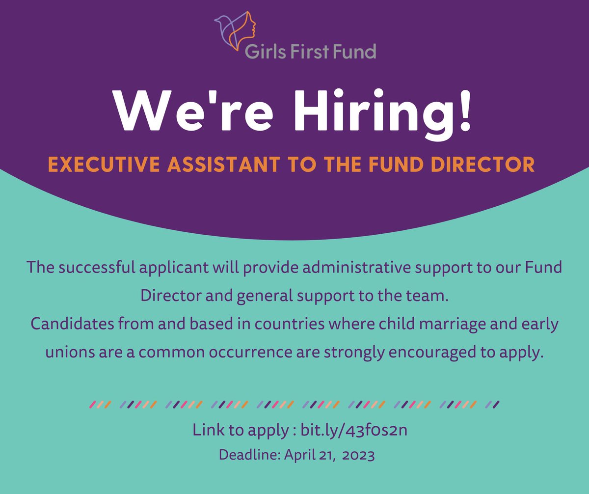 Want to join our mission to #EndChildMarriage and support girls to create the futures they want? 

We're hiring an Executive Assistant to our Fund Director, and this could just be the role you've been looking for 😃

Apply by April 21 👉🏾bit.ly/43f0s2n

#FeministJobs