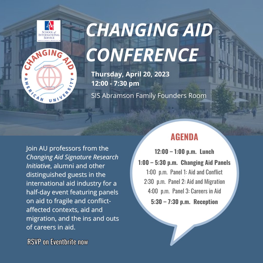 Join us at the Changing Aid Conference on April 20th @AmericanU's @AU_SIS’s Founders Room! Be a part of the movement to transform aid & make it more effective & accountable to those we serve. Reserve your spot: eventbrite.com/e/changing-aid…  #ChangingAid2023 #DCEvents #InternationalAid