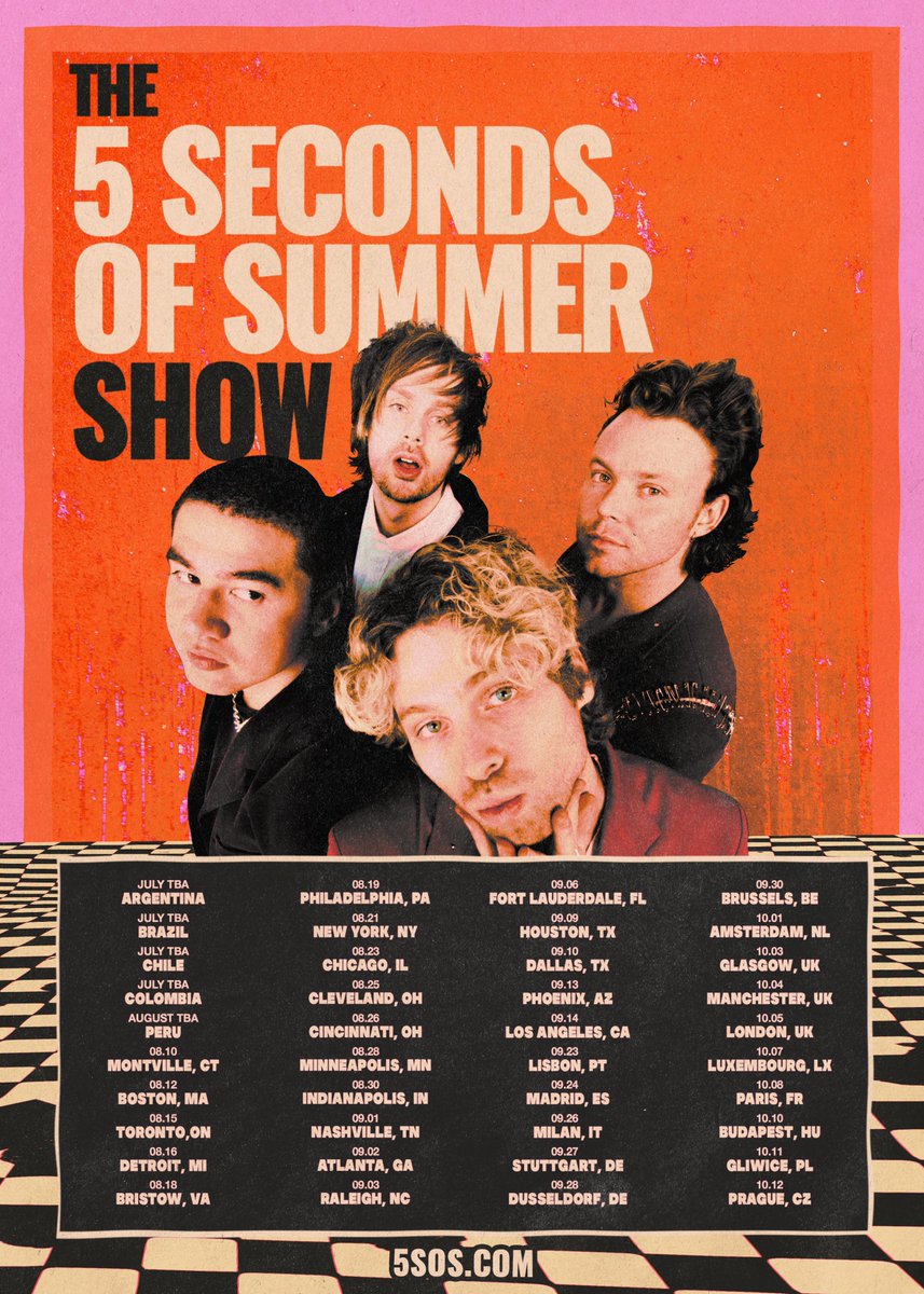 Presenting: The 5 Seconds of Summer Show World Tour 2023! Can’t wait to spend time on tour with all you beautiful people. Presales start from Tuesday next week. General tickets on sale Friday April 14th 10am local time (US and EUROPE). South America dates will be updated very